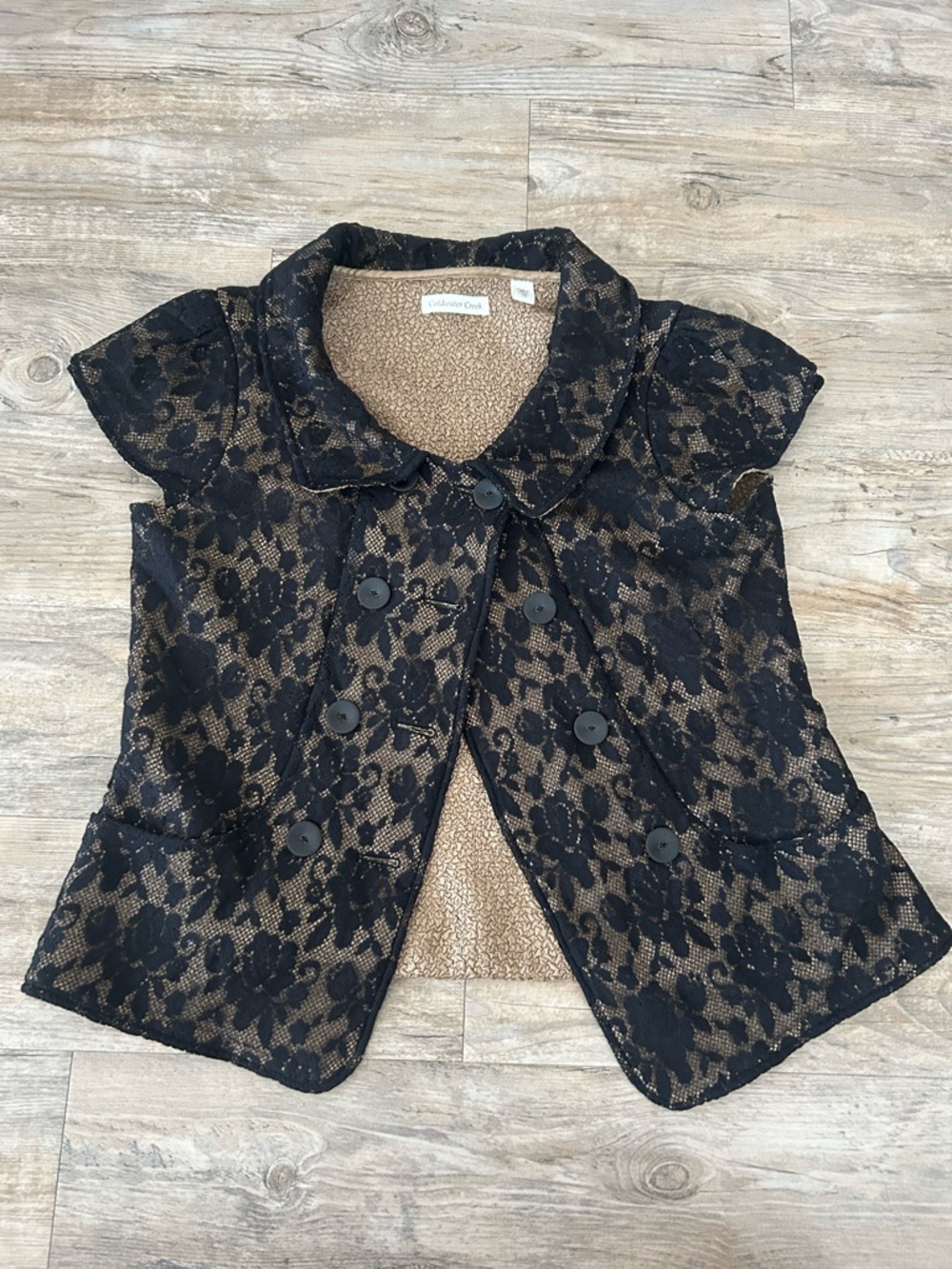 Coldwater Creek Black Gold Lace Dbl Breasted Blazer Jacket Womens 10 Cap Sleeves